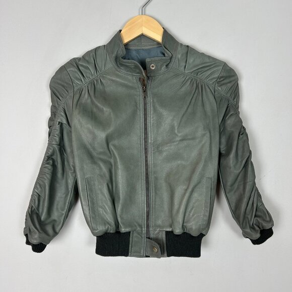 ASO Elena Gilbert KRMA Gray Leather Jacket Cropped Ruched Size Small Women's - Picture 1 of 9